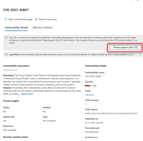 Contoh flyout untuk kelemahan dengan tombol dukungan CVE.