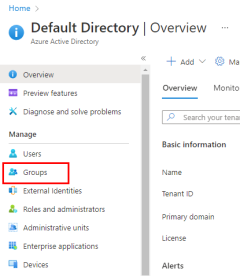 Cuplikan layar memperlihatkan lokasi item menu Grup di menu sebelah kiri halaman Direktori Default Azure Active Directory.