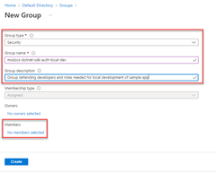 Cuplikan layar memperlihatkan cara mengisi formulir untuk membuat grup Azure Active Directory baru untuk aplikasi. Cuplikan layar ini juga memperlihatkan lokasi tautan untuk dipilih untuk menambahkan anggota ke grup ini