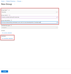 Cuplikan layar memperlihatkan cara mengisi formulir untuk membuat grup Azure Active Directory baru untuk aplikasi. Cuplikan layar ini juga memperlihatkan lokasi tautan untuk dipilih untuk menambahkan anggota ke grup ini.