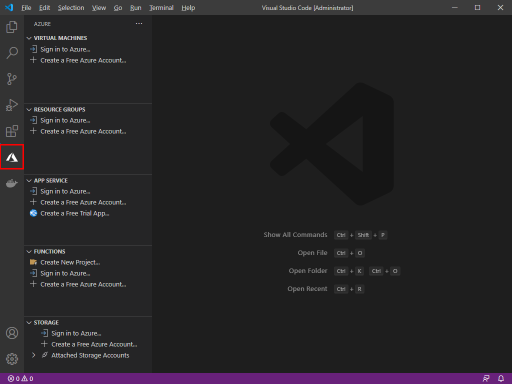 Cuplikan layar Visual Studio Code memperlihatkan cara masuk ke alat Azure ke Azure.