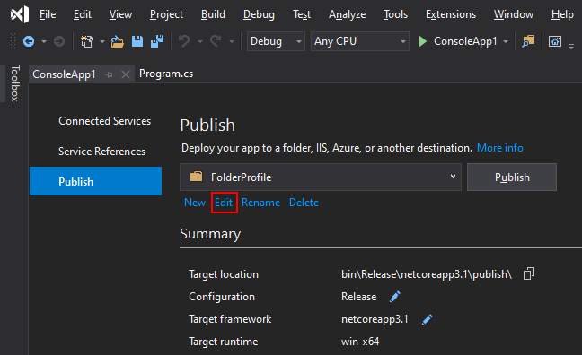 Cuplikan layar memperlihatkan profil Visual Studio Publish dengan tombol Edit disorot.