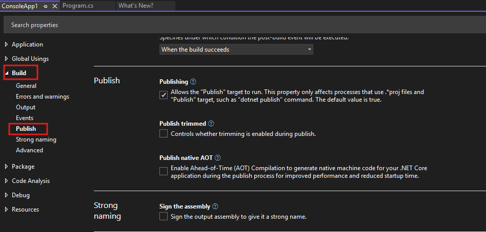 halaman penerbitan Visual studio dengan opsi Terbitkan Dipangkas.