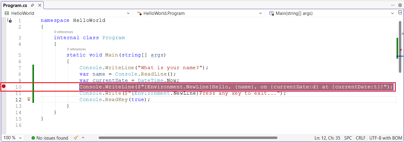 jendela Program Visual Studio dengan set titik henti