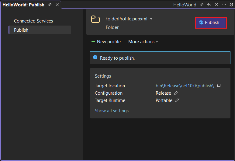 Jendela Pemublikasian Visual Studio.