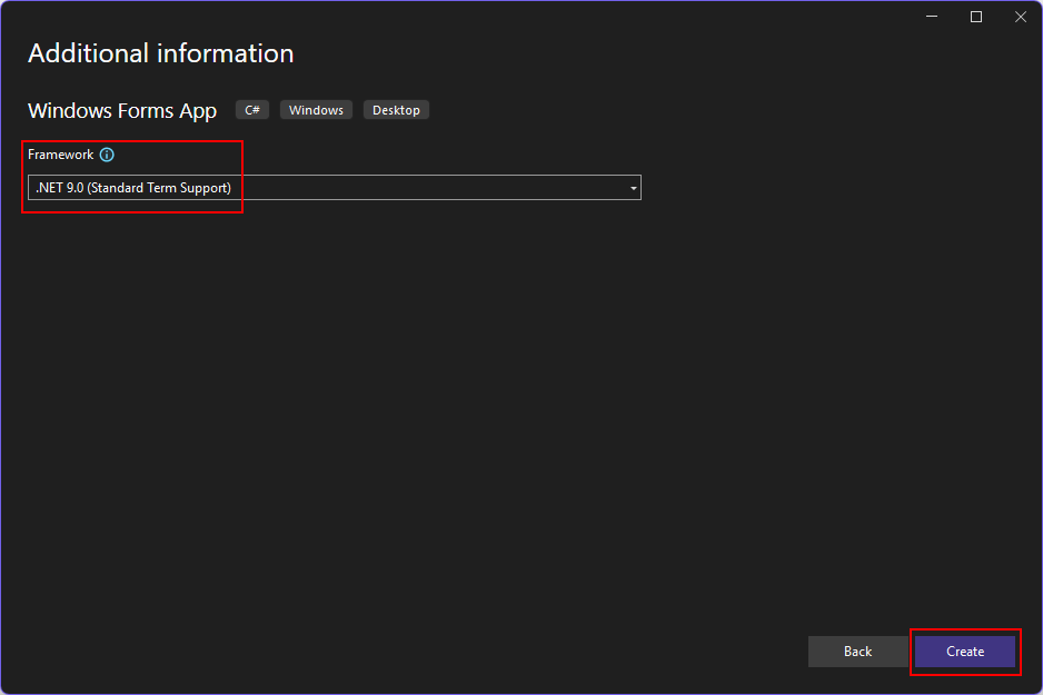 Cuplikan layar dialog 'Informasi tambahan' dari Visual Studio 2022. Kotak dropdown 'Kerangka Kerja' memiliki '.NET 9.0 (Dukungan Istilah Standar)' dipilih dan disorot dengan kotak merah. Tombol 'Buat' juga disorot dengan kotak merah.
