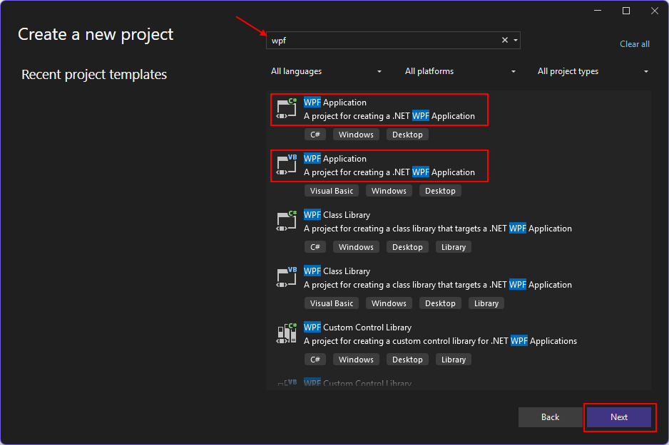 Istilah 'wpf' ada di kotak pencarian dan disorot dengan panah merah. Dua templat dalam daftar hasil disorot dengan kotak merah, C# dan Visual Basic. Tombol 'Berikutnya' di kanan bawah layar disorot dengan kotak merah.