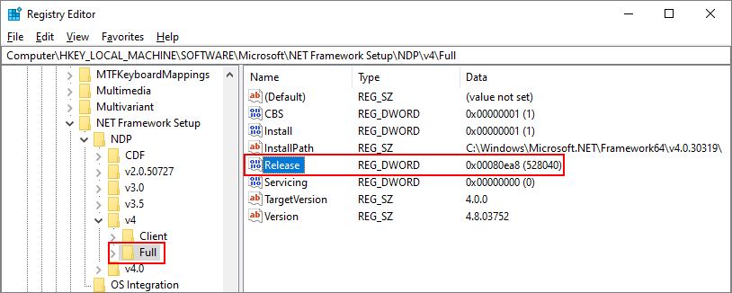 Cuplikan layar alat RegEdit memperlihatkan entri registri untuk .NET Framework 4.5