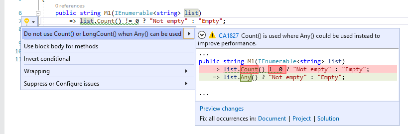 Perbaikan kode untuk CA1827 - Jangan gunakan Count() atau LongCount() ketika Any() dapat digunakan