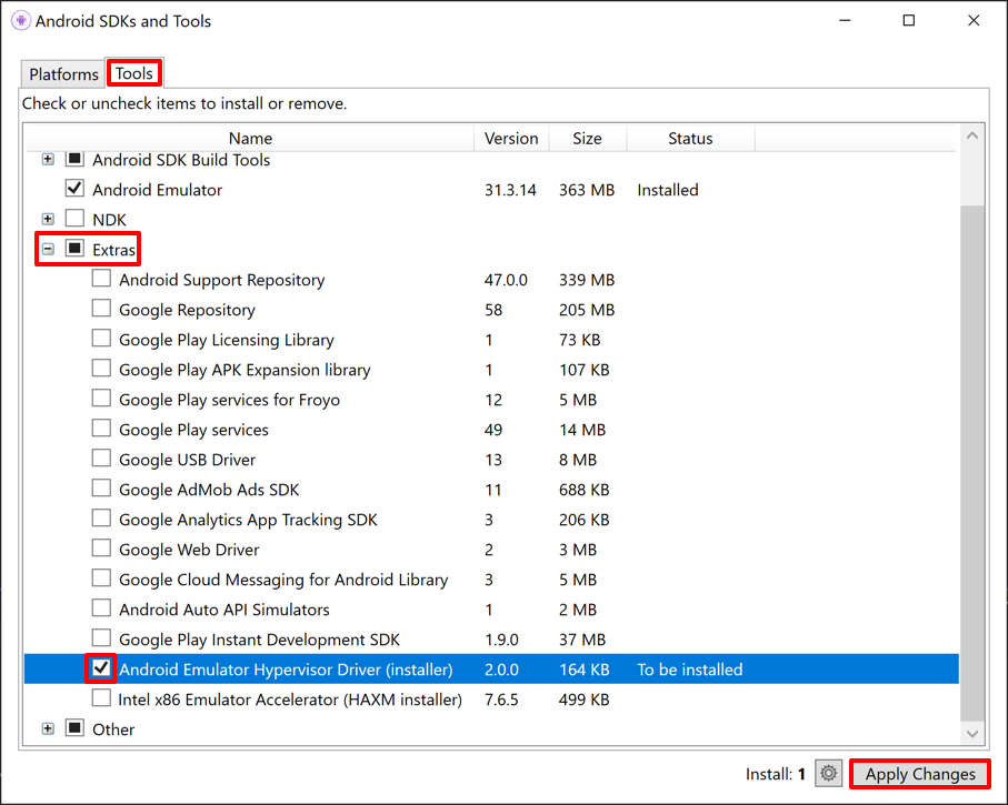 Menginstal AEHD melalui manajer Android SDK di Visual Studio.