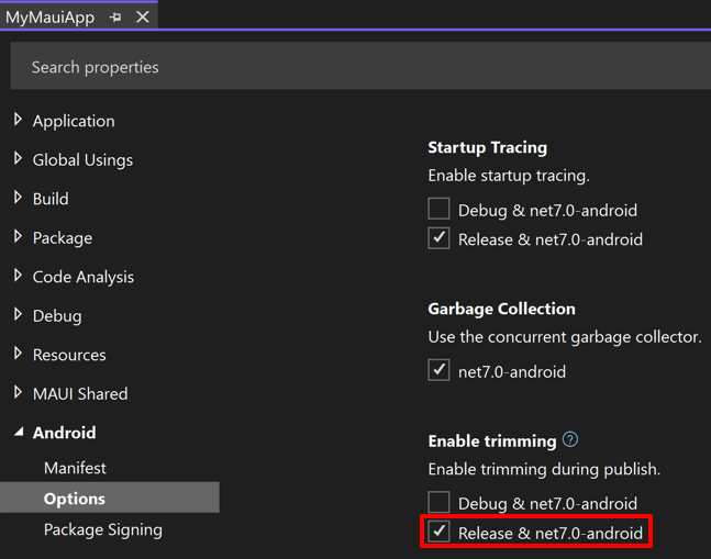 Cuplikan layar perilaku linker untuk Android di Visual Studio.