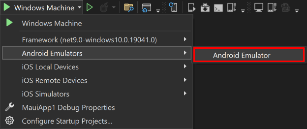 Pilih target debugging Android Emulator untuk .NET MAUI.