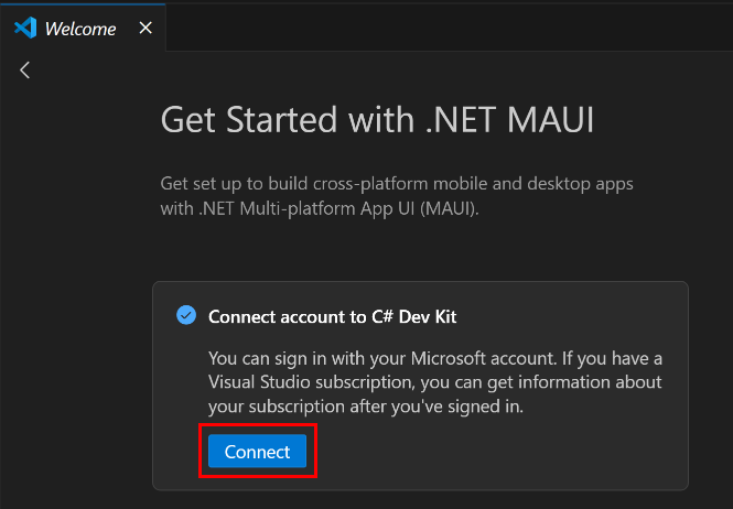 Cuplikan layar tombol menyambungkan akun Visual Studio Code ke C# Dev Kit.