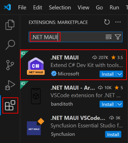 Cuplikan layar panel ekstensi Visual Studio Code memperlihatkan ekstensi MAUI .NET.