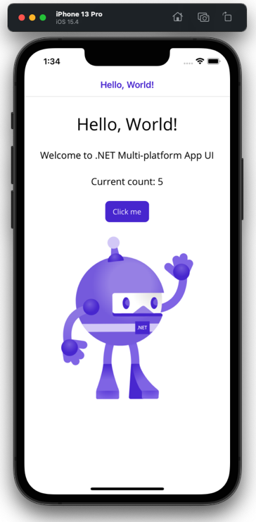 Aplikasi .NET MAUI berjalan di simulator iPhone 13 Pro.