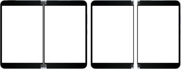 Tiga contoh gambar bingkai perangkat: Surface Duo layar ganda dan Surface Duo dilipat ke sisi kiri dan kanan.