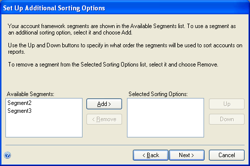 Account framework set up sorting for segments