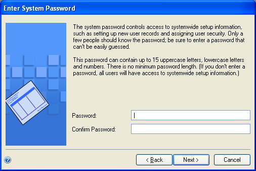 System password setup screen to specify system password