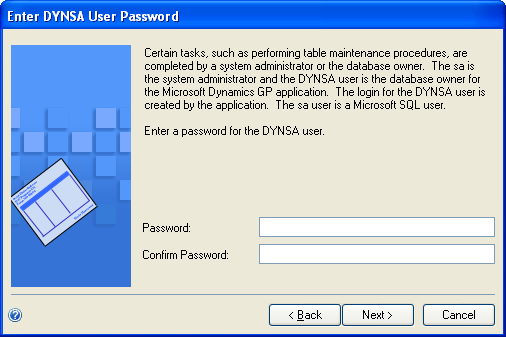 SA user setup screen to enter dynsa user password
