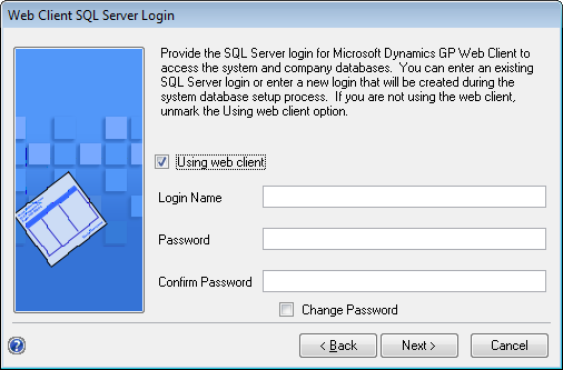 SQL Server login setup screen to set up sql server login