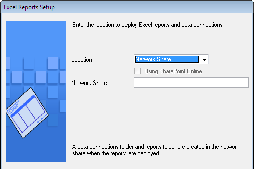 Excel Report Setup screen to specify where to save excel reports
