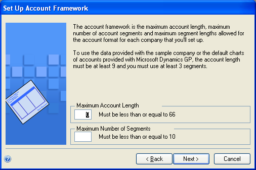 Account framework screen to specify maximum values for accounts
