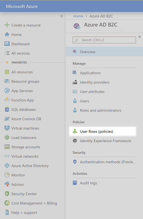 User flows (policies) command on the menu.