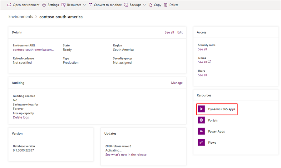 Pilih aplikasi Dynamics 365 di lingkungan Anda.