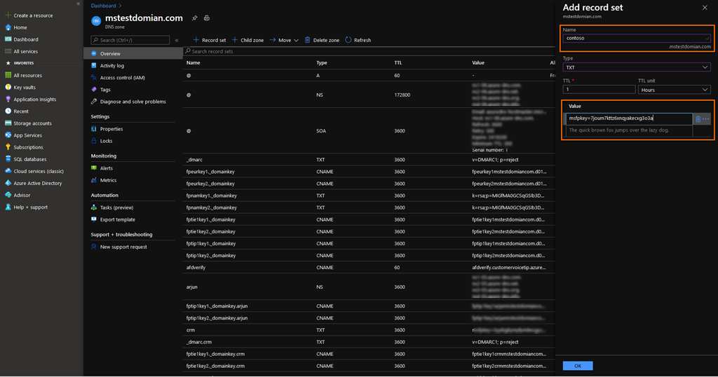 Tambahkan nama dan nilai Microsoft Azure TXT.