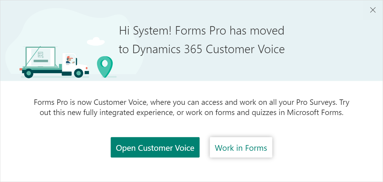Pesan tentang Forms Pro yang dipindahkan Dynamics 365 Customer Voice.