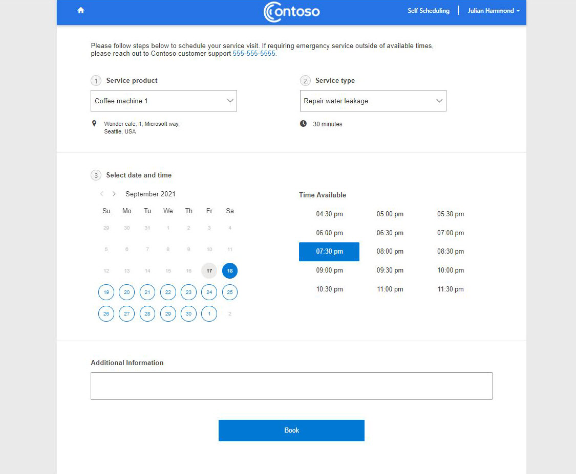 Halaman penjadwalan mandiri dari portal pengalaman pelanggan, yang menampilkan opsi pemesanan.