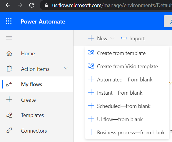 Tangkapan layar Power Automate, pada menu tarik-turun Baru yang menampilkan Otomatis - dari kosong.