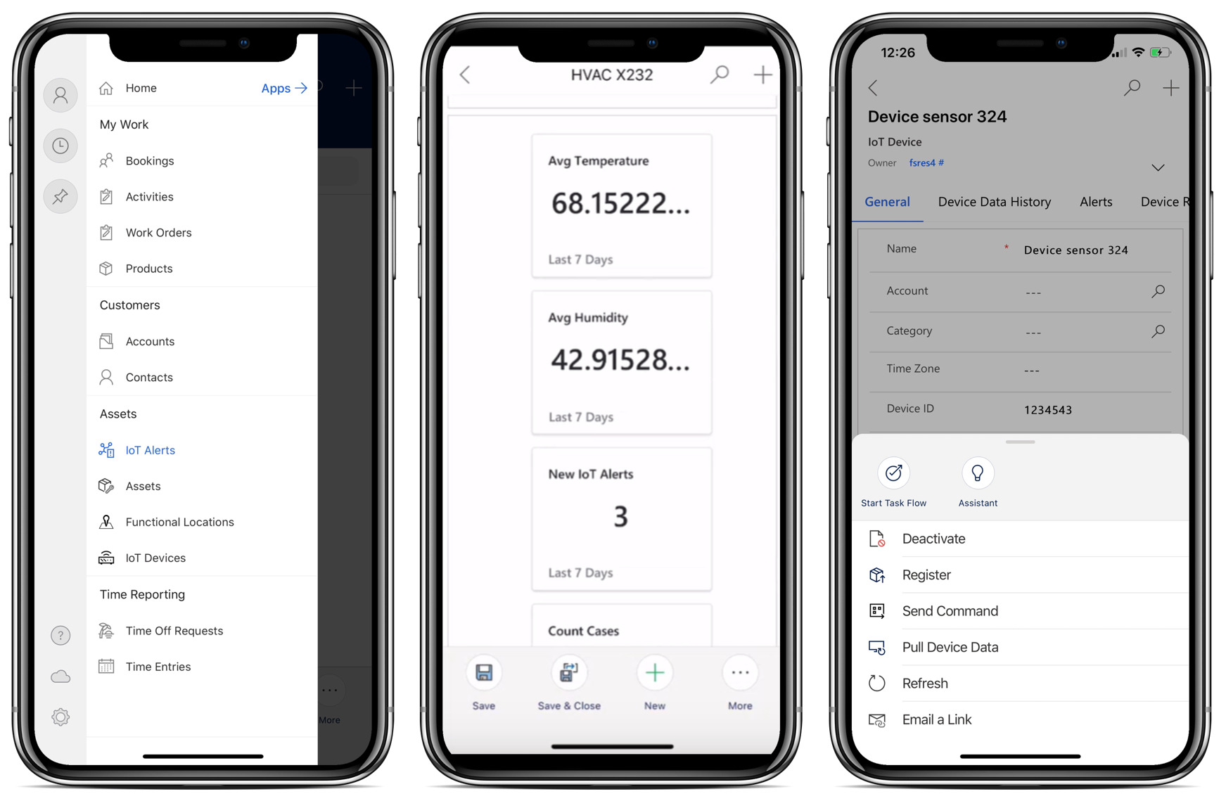 Gambar simulasi yang menunjukkan tiga ponsel dengan aplikasi seluler Field Service dan pembacaan perangkat IoT.