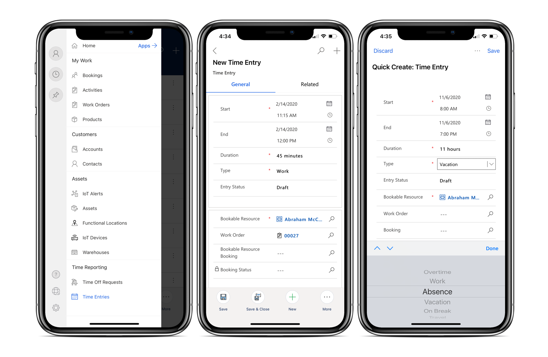 Renderings of three mobile devices showing the process of entering time in the Field Service mobile app.