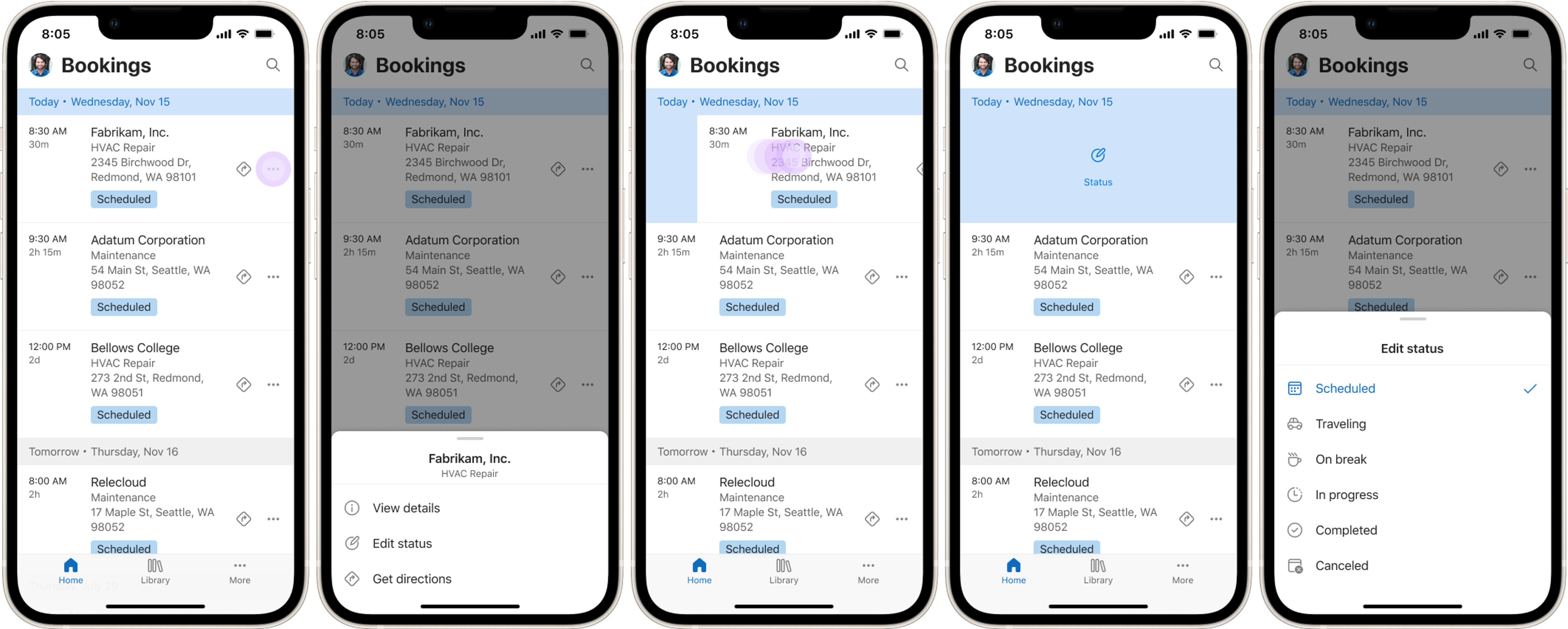 Rendering lima perangkat bergerak menunjukkan penggunaan tindakan cepat perintah kerja di aplikasi Field Service Mobile.