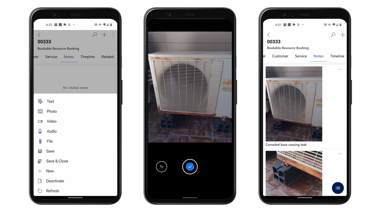 Rendering tiga perangkat bergerak menampilkan layar catatan, tampilan kamera perangkat, dan catatan dengan foto di aplikasi Field Service Mobile.