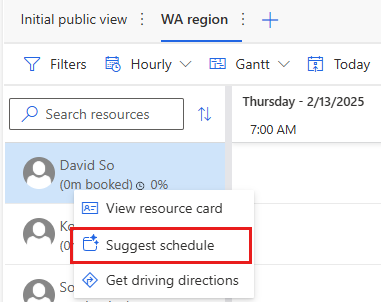 Screenshot of the schedule board in Dynamics 365 Field Service showing a menu of options for a selected resource, with the Suggest schedule option highlighted.