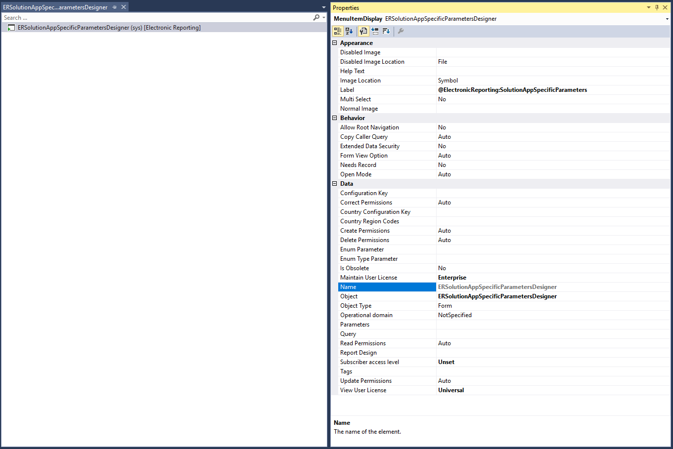 Menu item display of ERSolutionAppSpecificParametersDesigner.