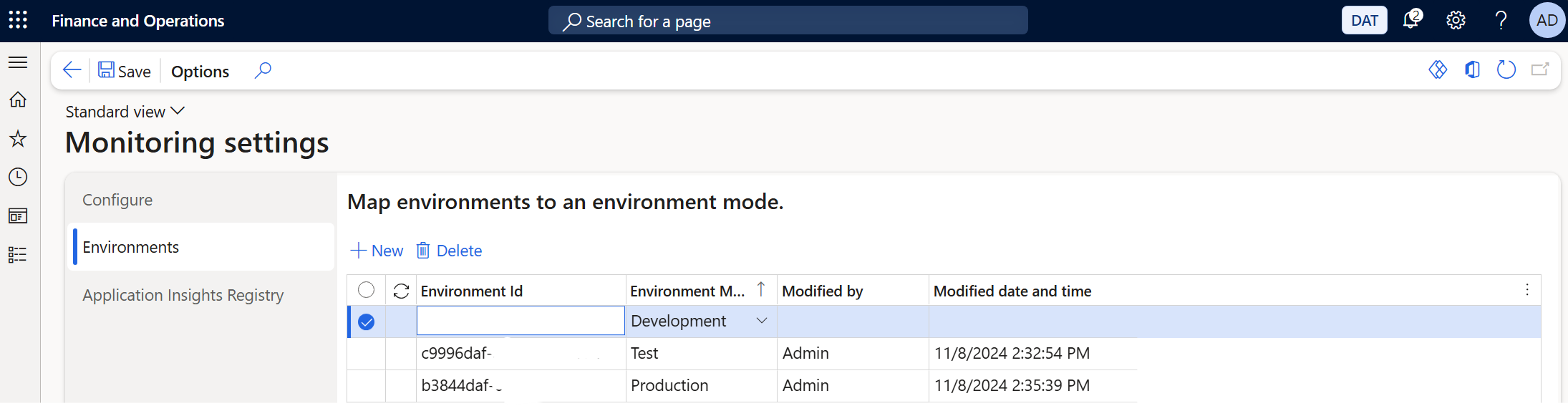Screenshot that shows environments being added on the Environments tab of the Monitoring settings page.