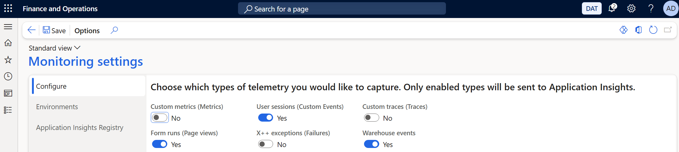 Screenshot that shows the setup of telemetry types on the Configure tab of the Monitoring settings page.