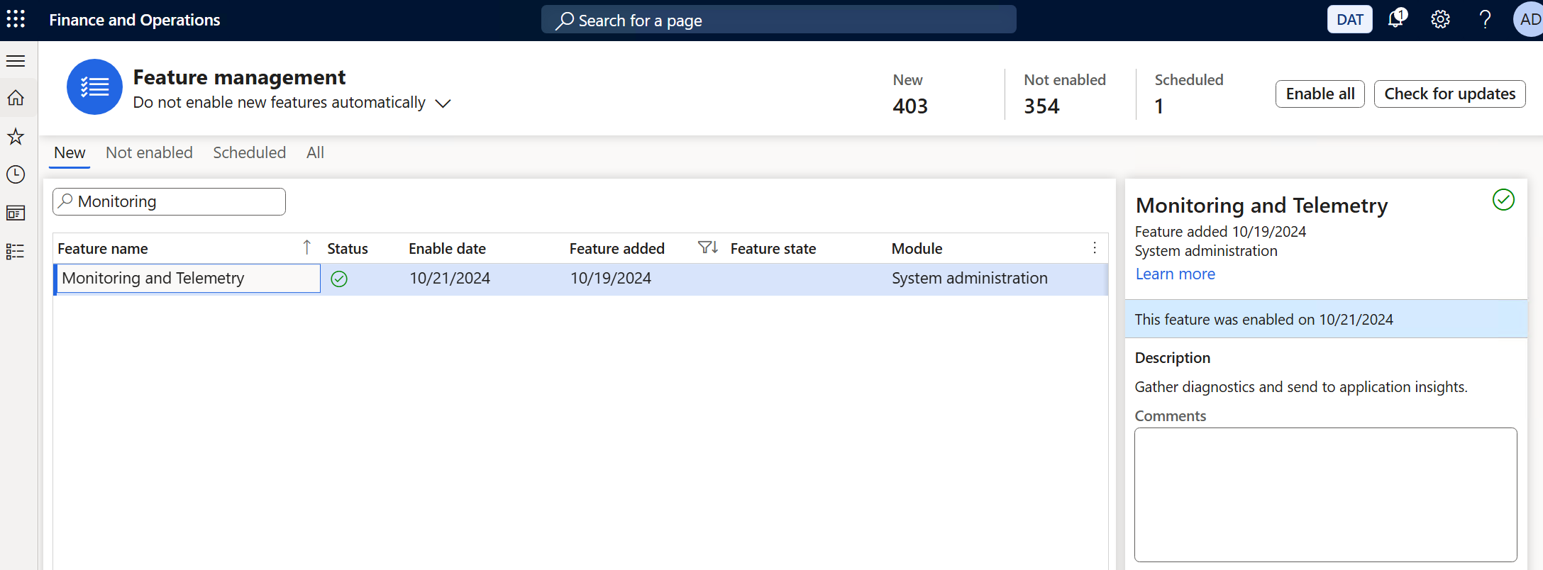 Screenshot that shows the Monitoring and Telemetry feature enabled in the Feature management workspace.