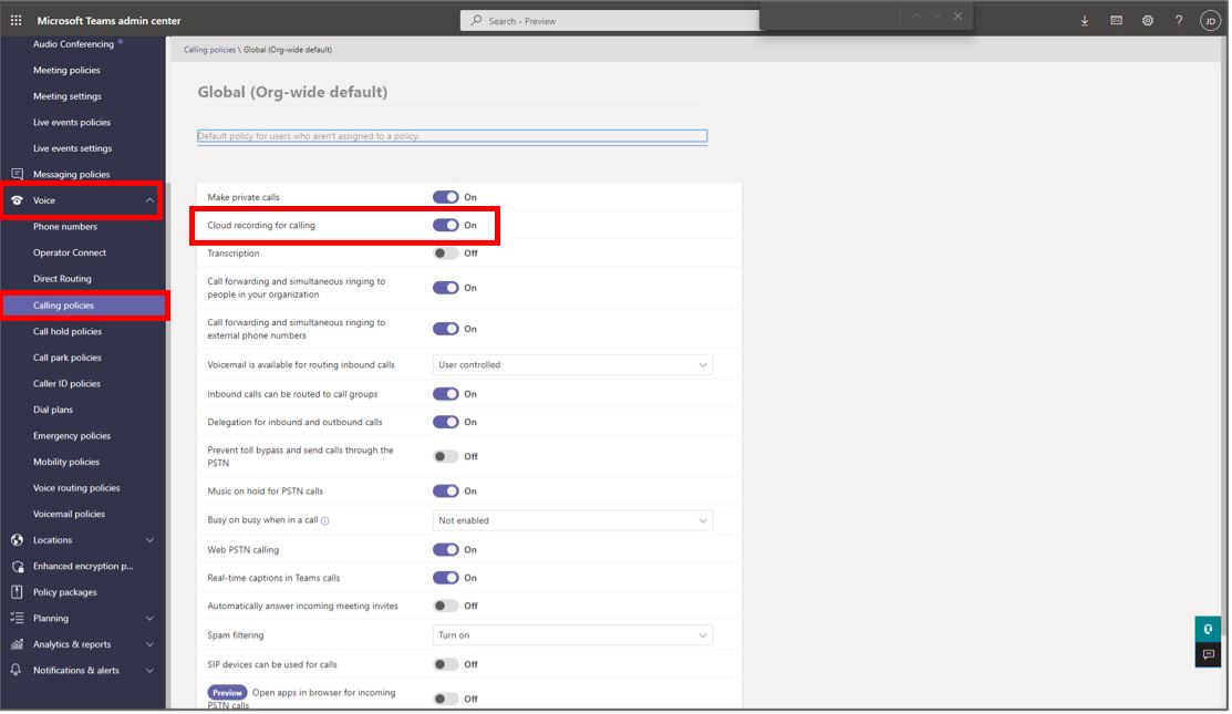 Screenshot of Microsoft Teams admin center with Cloud recording for calling setting highlighted.