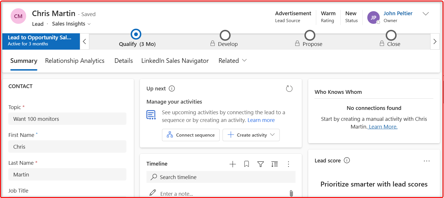 Tangkapan layar bilah Proses bisnis pada formulir prospek.