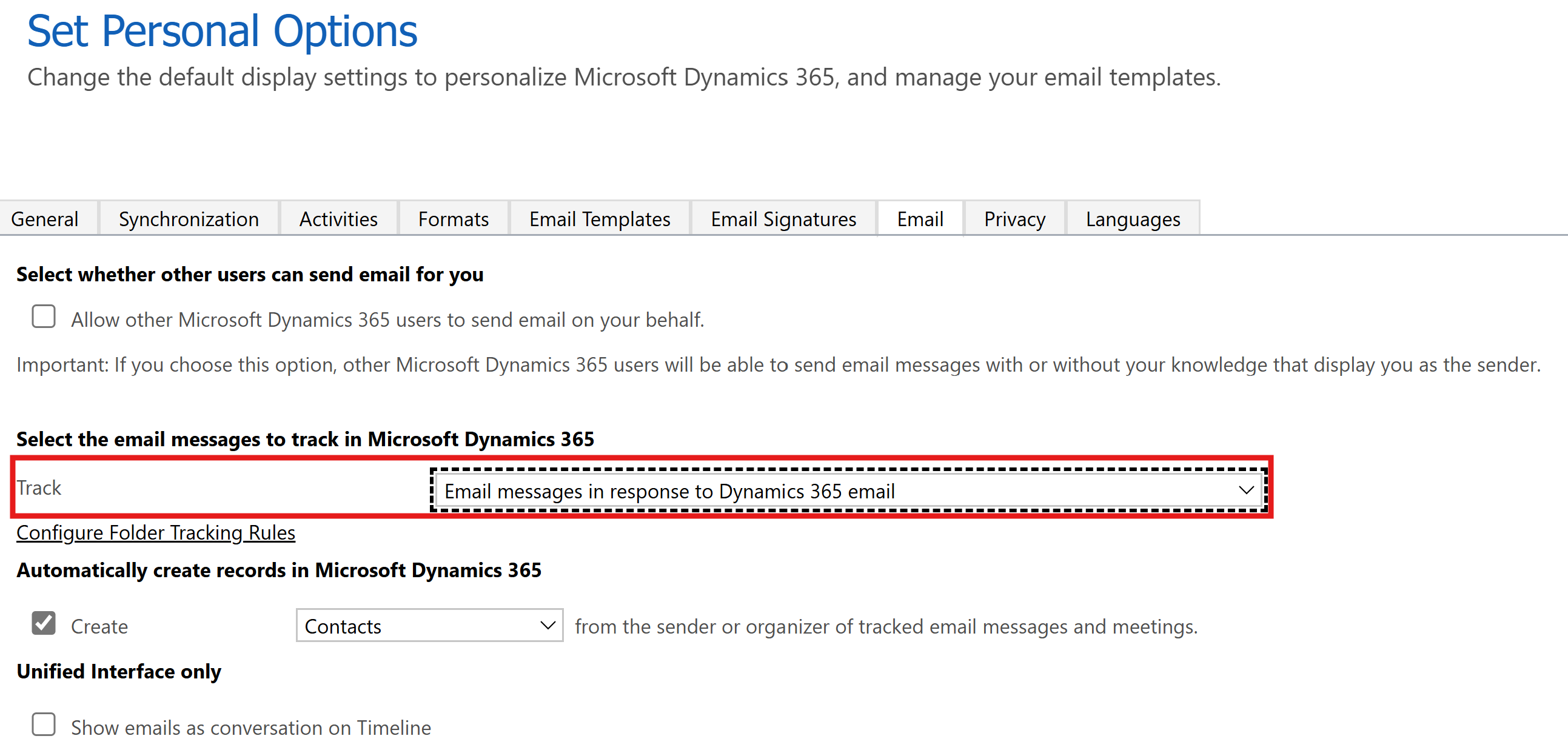 Tangkapan layar halaman Pengaturan personalisasi di Dynamics 365 Sales dengan opsi Semua pesan email dipilih.
