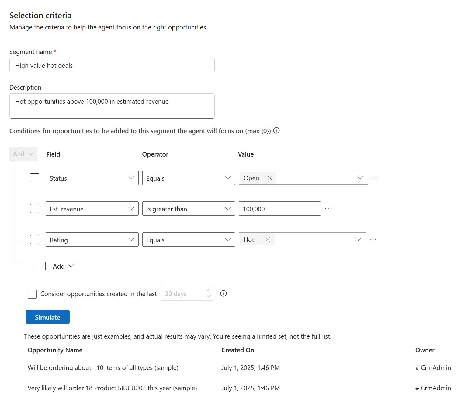 Tangkapan layar tab Kriteria seleksi untuk Sales Close Agent - Research.