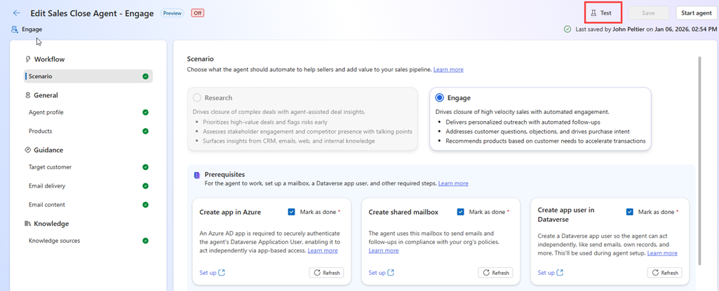 Agen Tutup Penjualan - Halaman pengaturan Engage yang menampilkan opsi untuk menguji agen.