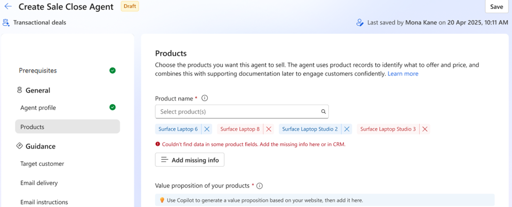 Tangkapan layar Agen Penutupan Penjualan - Libatkan produk dengan opsi tambahkan info yang hilang.