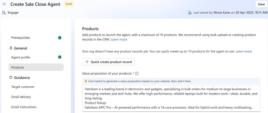 Tangkapan layar Agen Penutupan Penjualan - Libatkan halaman produk dengan catatan produk pembuatan cepat.