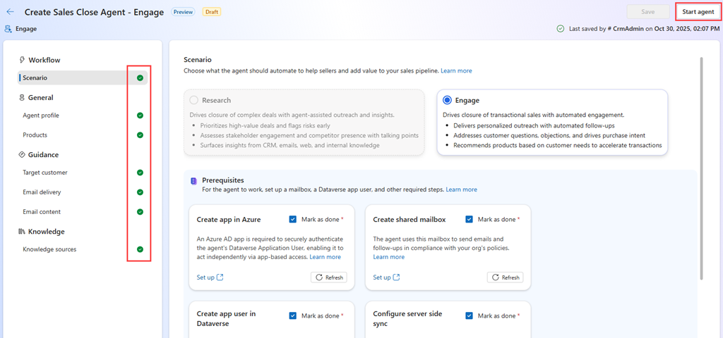 Cuplikan layar memilih opsi mulai agen di halaman pengaturan Tutup Agen Penjualan - Terlibat.