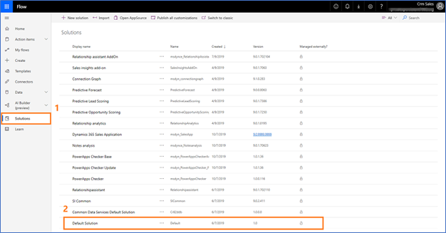 Pilih solusi default di Power Automate